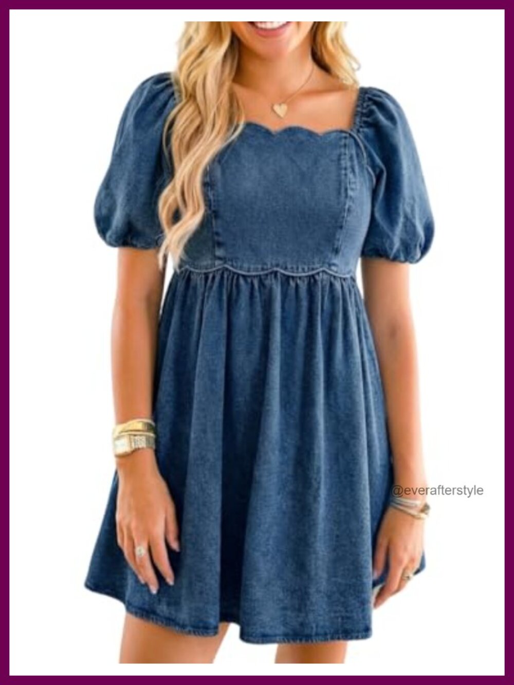 Women's Denim Dress Square Neck Babydoll Puff Sleeve Western Country Casual